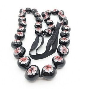 Vintage Black Kukui Nut Lei Necklace Hand Painted Red Silver Hibiscus Floral